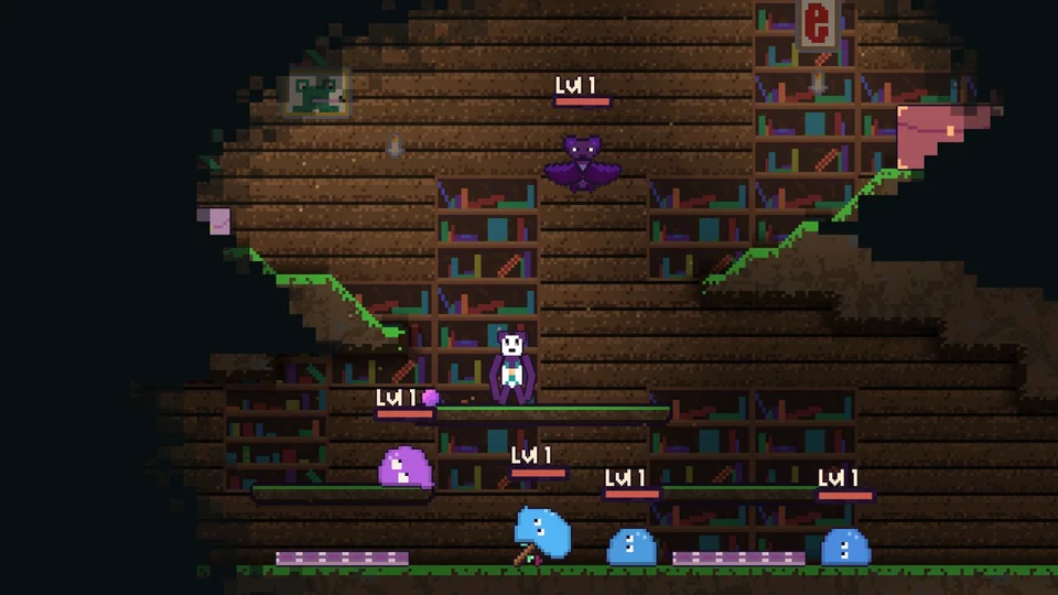 Hungry Hoist gameplay: the player in a library level surrounded by slimes and a bat