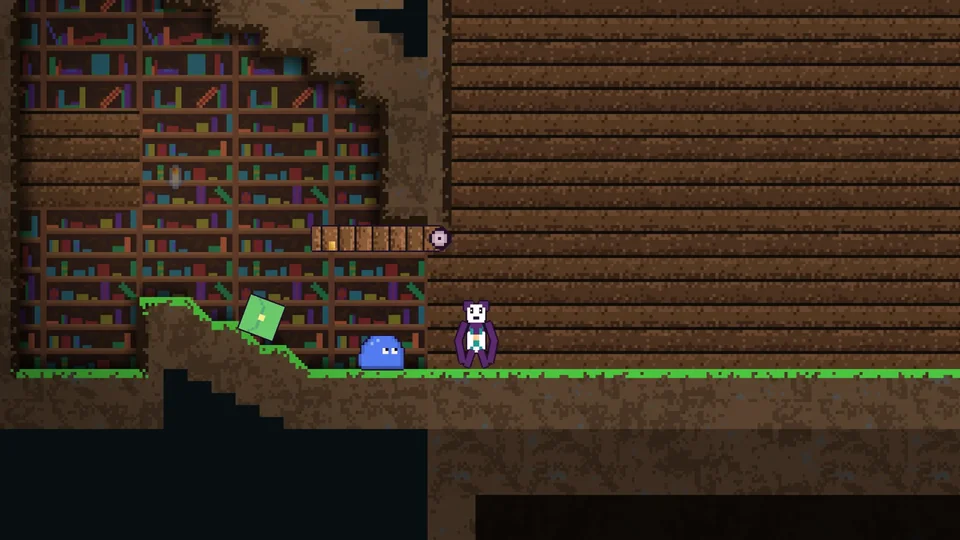Hungry Hoist gameplay: the player near a blue slime and a tumbling green crate in a library