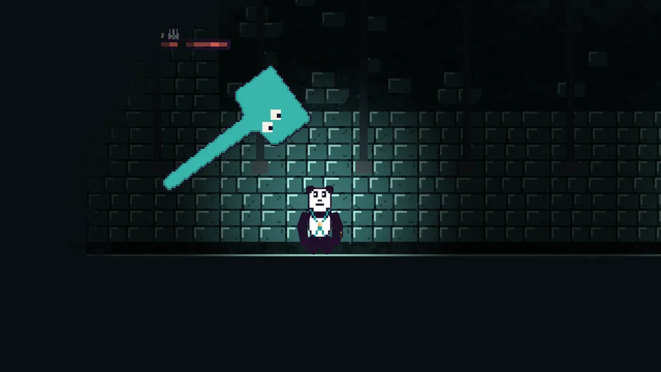 Hungry Hoist gameplay: a large teal creature looming over the player in a dark dungeon